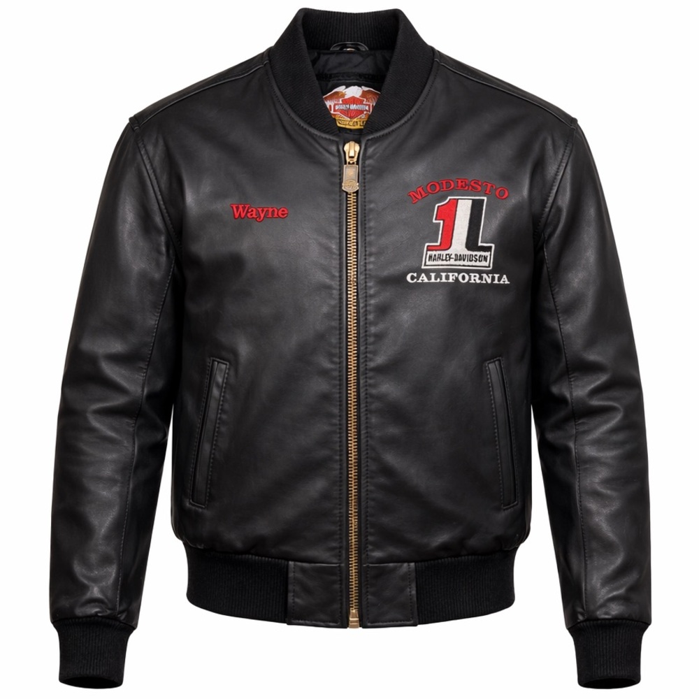 Harley Davidson Leather Bomber Jacket Modesto CA Embroidered Black Men’s Medium
